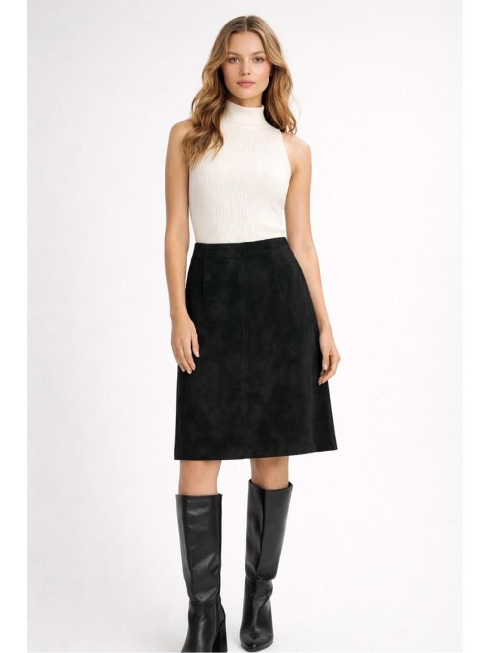 DKNY Black Suede Leather Straight Pencil Knee Length Skirt Lined Size 14